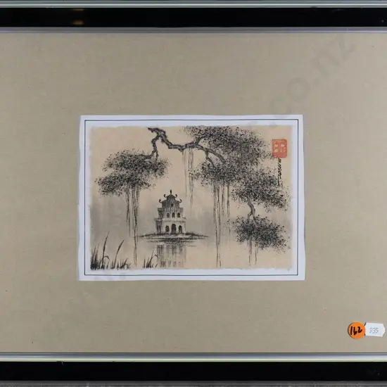 framed oriental watercolour - temple H-120 W-165