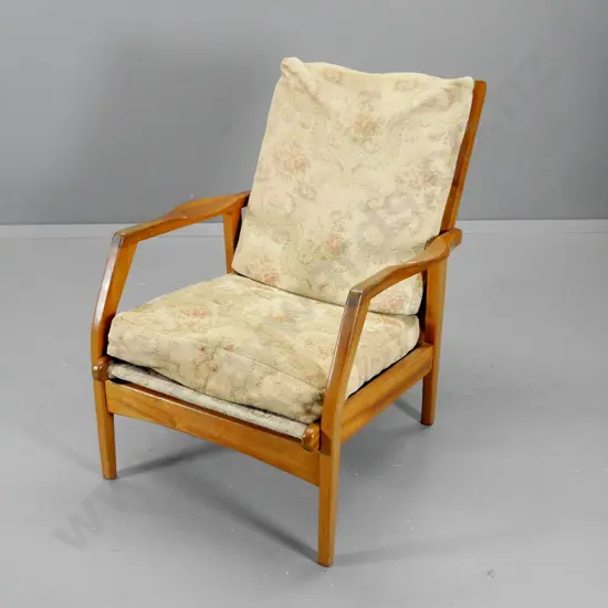 mid-century mahogany lounge chair fading to floral tapestry, polish needs attention H770 W620 D770