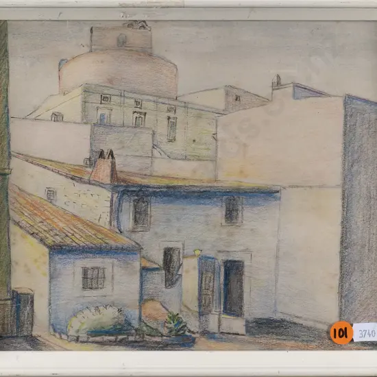 Eana B Jeans - framed pencil and pastel "very Old Houses and Old Roman Fort Church" (foxing) H-200 W-250