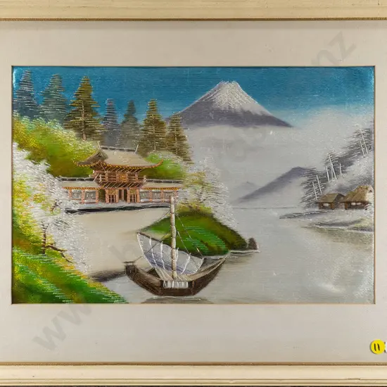 framed needlework on silk - Mt Fuji and temple H-240 W-360