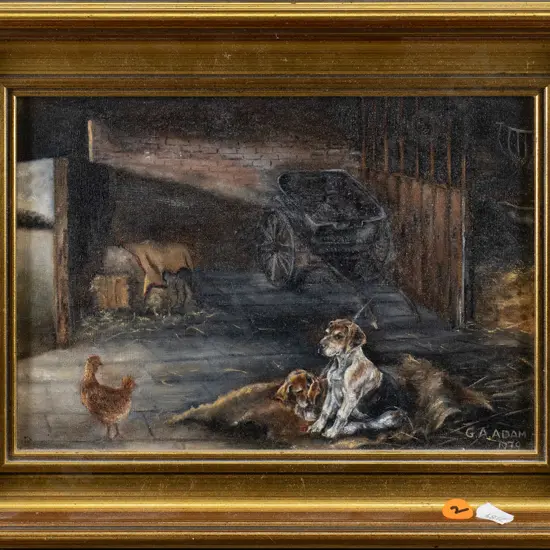 GA Adam 1979 - gilt framed oil - farm barn scene  H-165 W-240