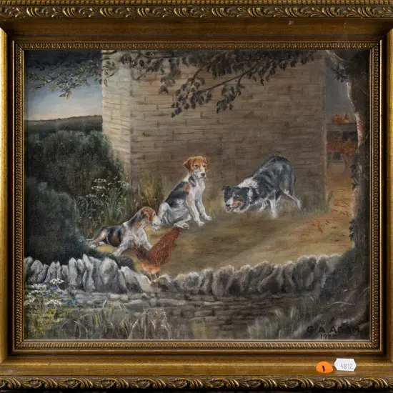 GA Adam 1980 - gilt framed oil - dogs and chickens H-250 W-290