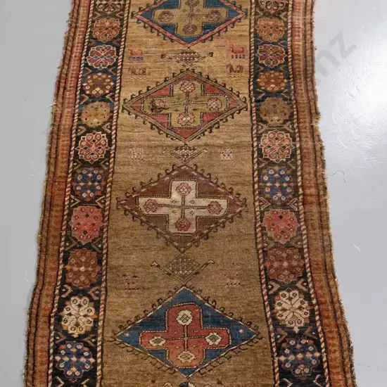 hand-knotted wool Persian style floor runner - wear and fraying L-2680 W-1080