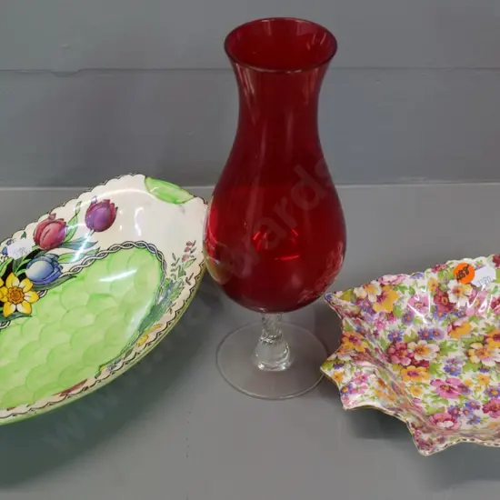 James Kent DuBarry AOF dish, Maling thumbprint bowl, and a red glass w/clear stem vase H-240