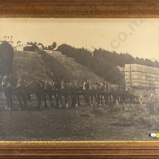 vintage framed black and white photograph - horses and carriage (slight foxing) H-420 W-570