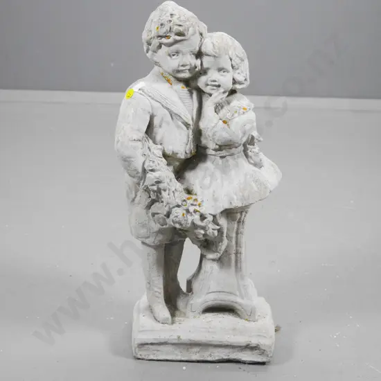 small cast concrete garden figure - boy & girl, has crack H-390