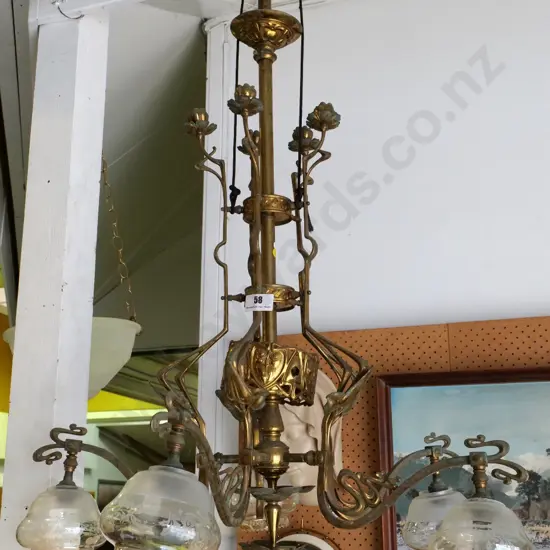 ornate nouveau style brass 5-light ceiling light fitting with 6 frilled gilt and frosted shades H-1100 Diameter 650
