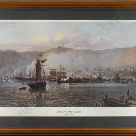 framed historic John Gibbs print  "Lyttleton Harbour" 1886 H-330 W-570