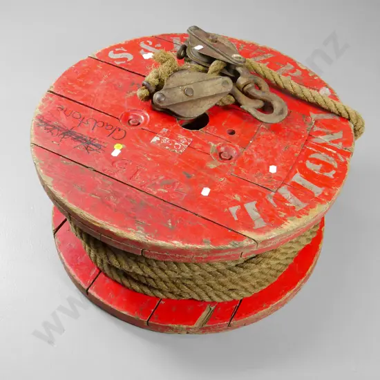 large wooden reel with rope & pulley - NZR Signals & Electric Invercargill markings - diameter 590