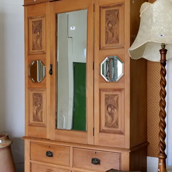 deco oak single door wardrobe w/ carved panels, 3 bevelled mirrors, 3 drawers, one handle needs repair H2250 W1200 D450