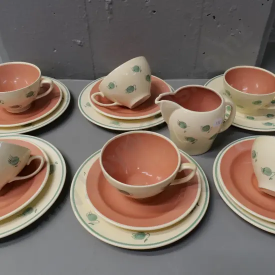 6 Susie Cooper trios and a milk jug - one saucer missing