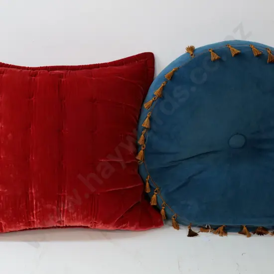 2 large plush velvet cushions - blue one is Diameter 650, red one 670 x 670