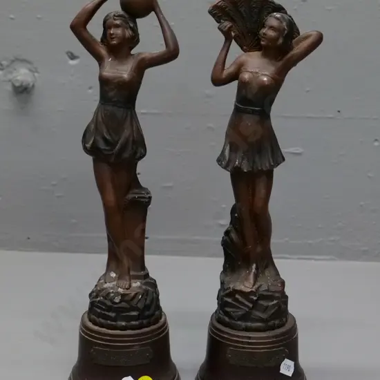 pair of nouveau style figures - bronze finish cast metal on bakelite base - Le Matin and Le Soir, some finish wear H310