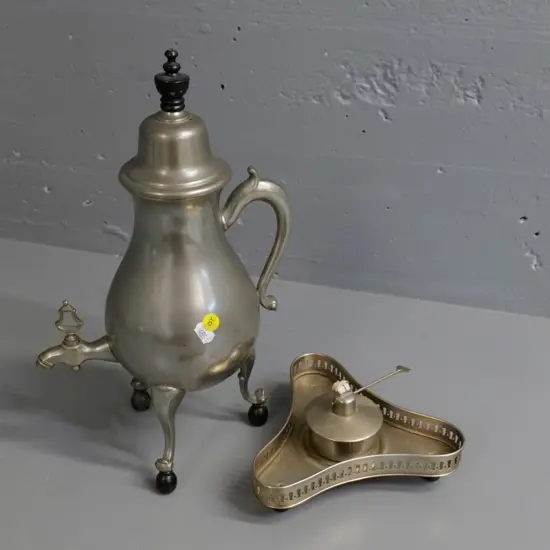 C.Kurz & Co Dutch pewter coffee pot on tray with spirit heater H-390 W-190