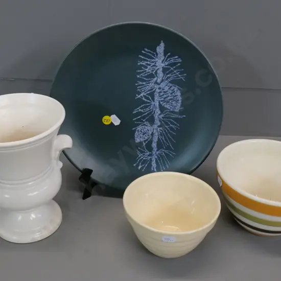 Crown Lynn / Dorothy Thorpe 'Pine' plate, a Titan urn vase H180, and 2 (Crown Lynn?) mixing bowls