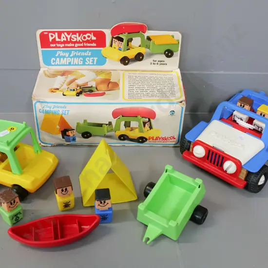 Playskool camping set with tent, canoe and figures, wear to box, and a larger scale Playskool Jeep H-110 L-260