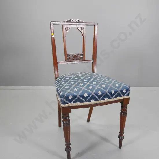 Edwardian mahogany framed dining chair w/ carved back, damask upholstered seat, some movement in joints H870 W450 D440