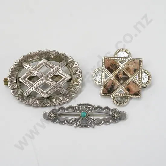 silver turquoise brooch [stamped sterling], agate brooch & silver brooch no markings