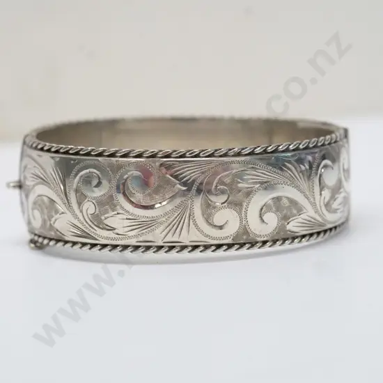 silver engraved [bottom half plain] bangle with safety chain stamped H&S stg sil