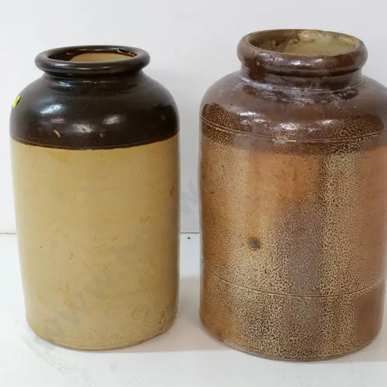 2 wide-mouth stoneware crocks - larger unmarked, smaller is Luke Adams Sydenham H-300 D-190