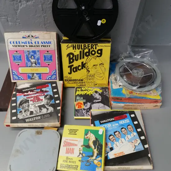 15 retro 8mm and 16mm film reels and spare reel - horror and monster, Bulldog Jack, etc.