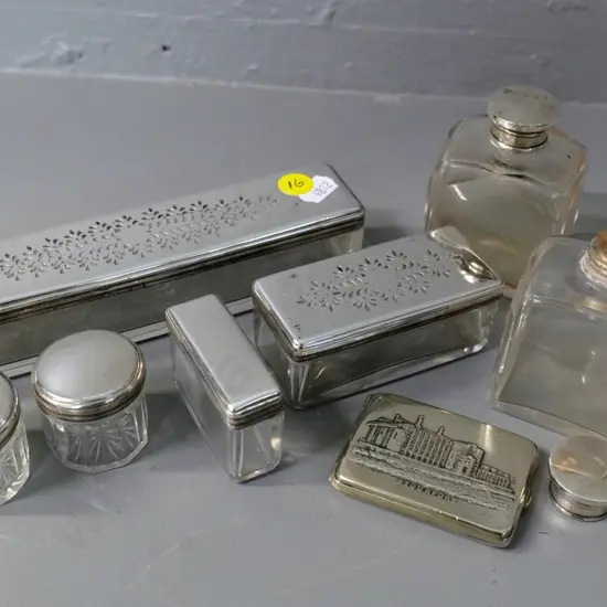 glass dressing table items with plated tops incl 2 stoppered, & a Stourport souvenir vesta case - some chips to glass
