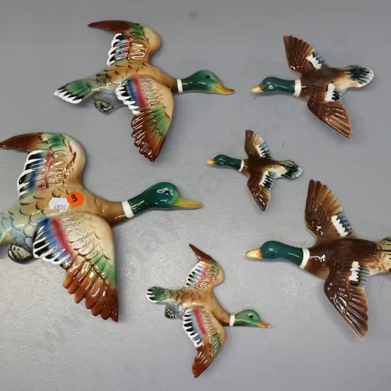 2 sets of 3 flying wall ducks, no maker's marks - largest is H-170 L-200 smallest duck has mend