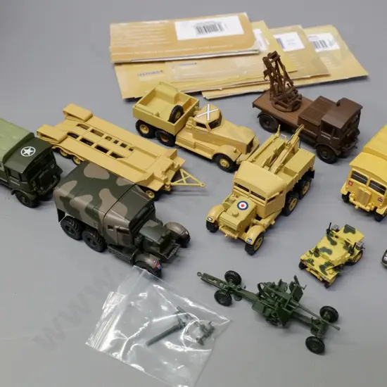 9 pieces Oxford die-cast 1:76 scale model military vehicles and artillery - with box ends