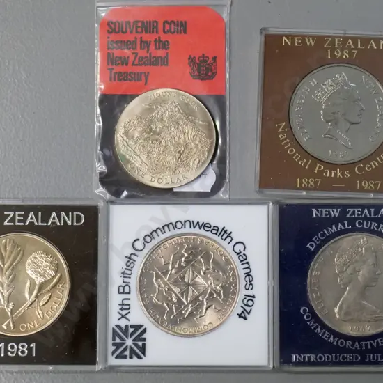 5 New Zealand collector's dollar coins - 1967 Decimal, 1970 Mt Cook, 1974 Games, 1981 Royal, 1987 National Parks