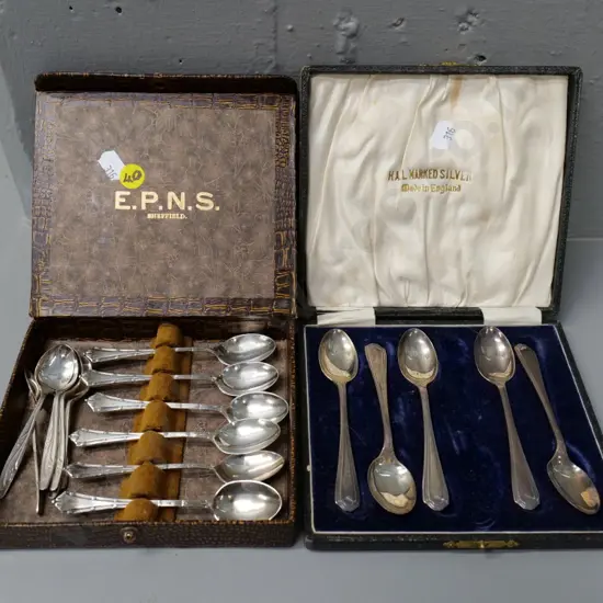 cased set of sterling silver teaspoons (one missing) cased set of 6 plated and one set plated coffee spoons
