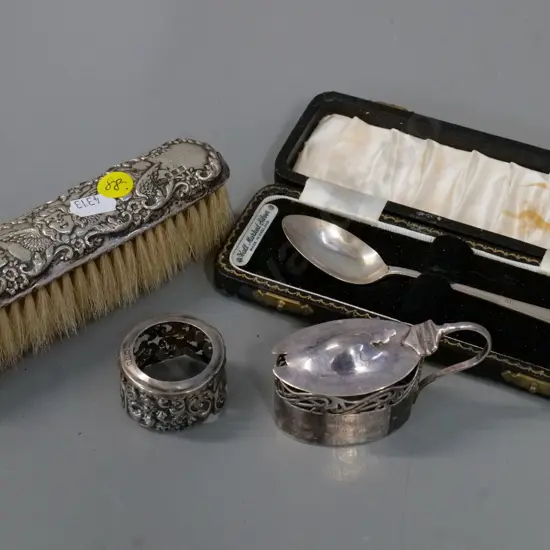 Sterling silver items - silver backed brush, boxed teaspoon, mustard pot holder (no liner) jar or vase collar