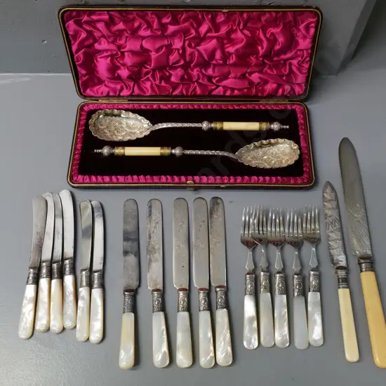 vintage mother of pearl handled fruit set and several bone handled serving items including cased spoons