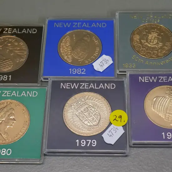 6 cased New Zealand collector's dollar coins - 1978, 1979, 1980, 1981 Royal Visit, 1982, 1983 50th Anniversay of coinage