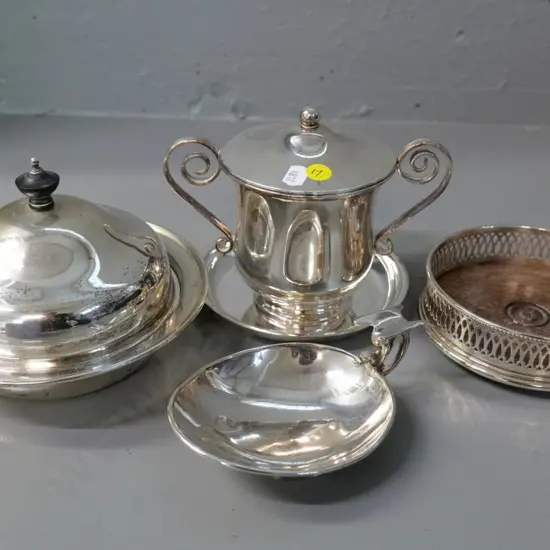 sterling silver handled dish H-55 L-140 W-95 and 3 silver plated items, one with bakelite handle