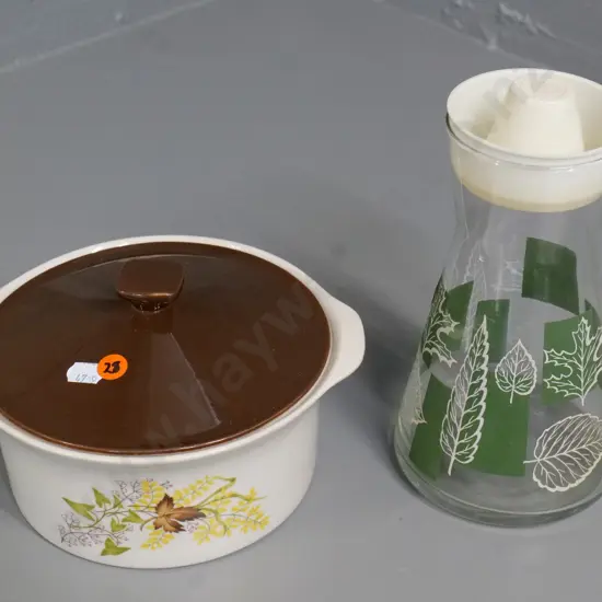 Crown Lynn Autumn Splendour lidded casserole D-200 and a retro carafe with plastic lid