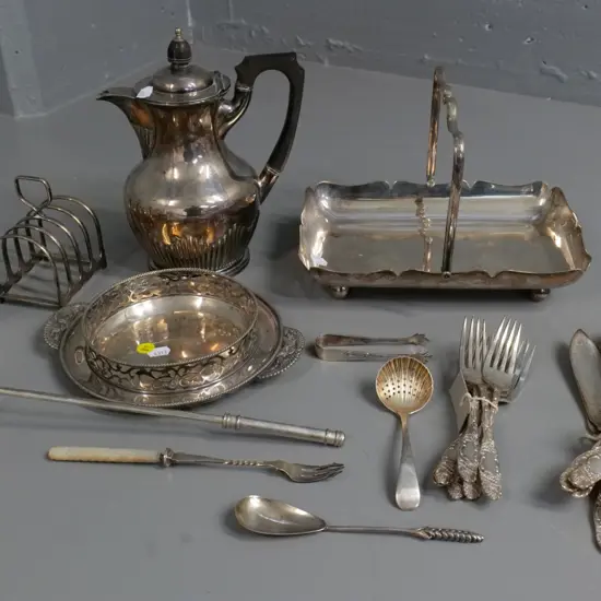assorted hallmarked plated items including candle snuffer, wine coaster, coffee pot w/bakelite handle, etc.