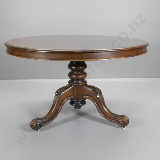 Victorian mahogany round dining table on carved column base, w/porcelain casters H-760 Diameter 1200