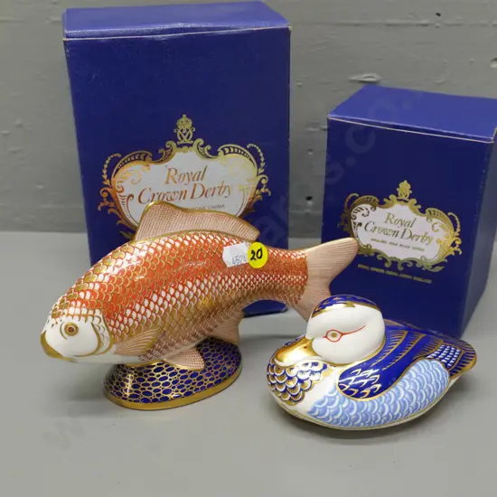 2 Royal Crown Derby figures - fish H-120 L-180 and duck, with original boxes