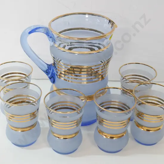 retro 7-piece water set - frosted blue with gilt bands - 'Christina' brand label