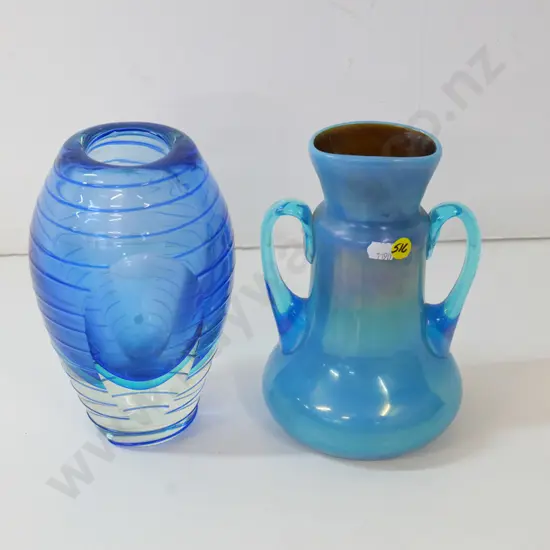 2 blue glass vases - heavy clear base and cut sides & a double-handled opaque - both approx H-210