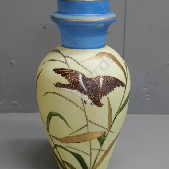 vintage hand-painted glass vase w/oriental bamboo & duck motif - small flaw to finish H-310 D-160