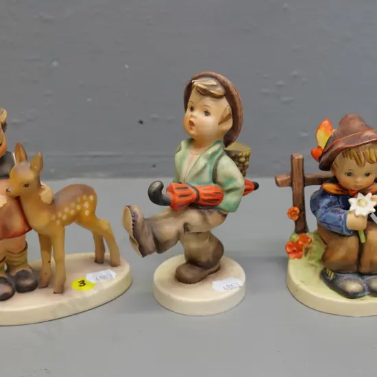 3 Goebels Hummel figurines - girl with faun H-130 boy with birds, walking boy