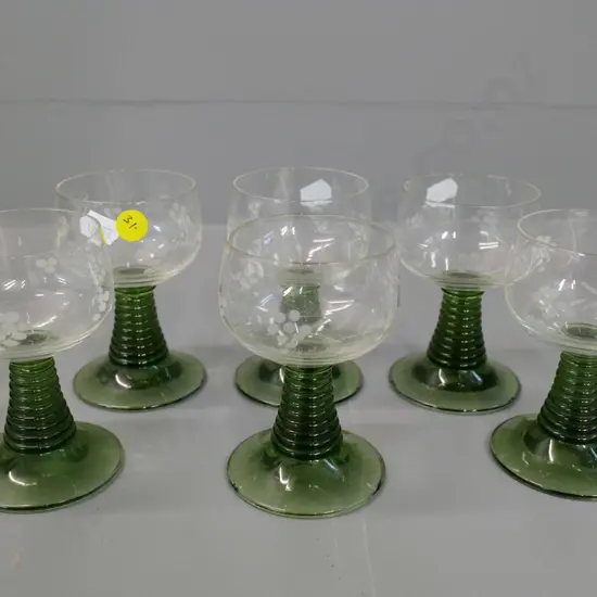 set of 6 retro etched glasses with heavy green ribbed bases H-105