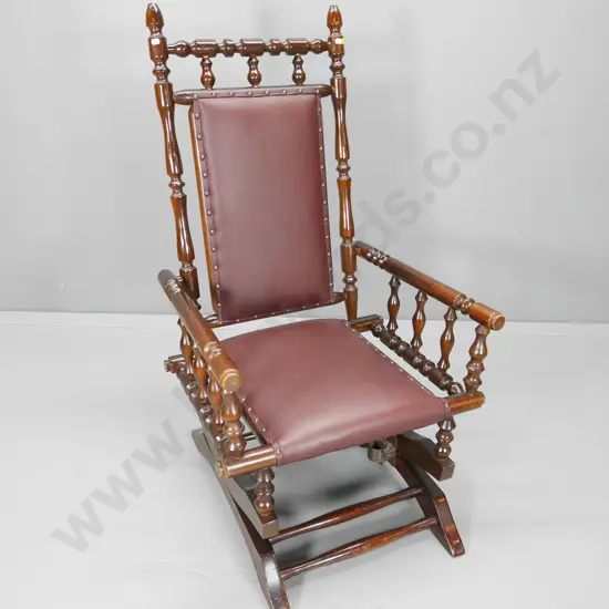 mixed timber Dexter rocking chair with studded burgundy leather H-1080 W-580 D-540