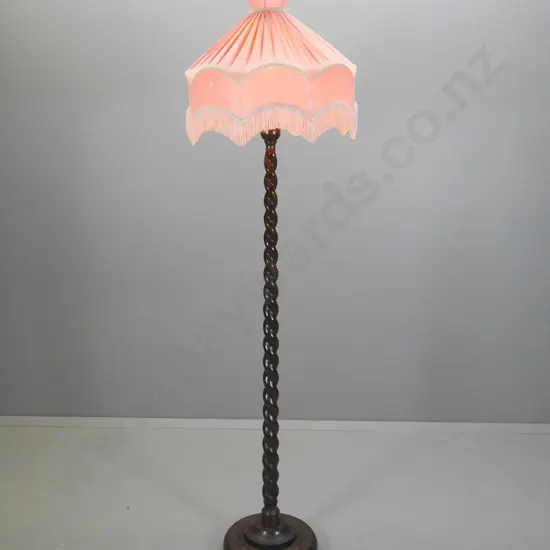 dark stained mahogany barley twist standard lamp with pink empire shade H-1990