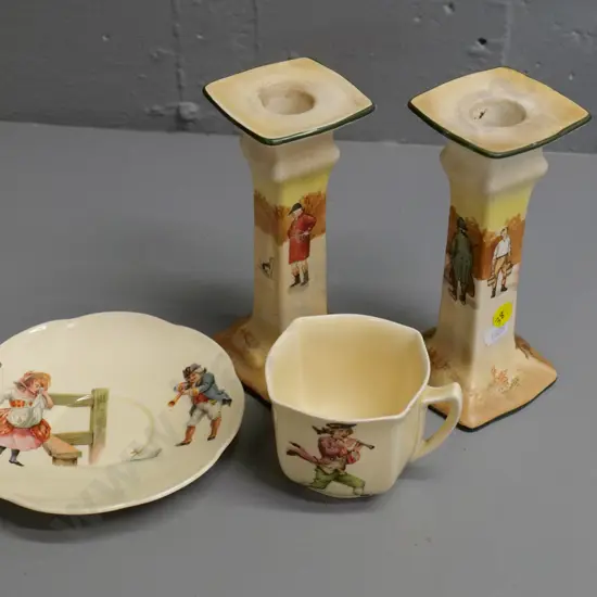pair of Royal Doulton farm / hunting scenes candlesticks H-160 and a nursery rhyme cup & saucer