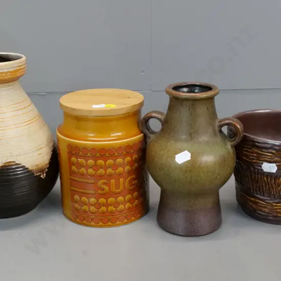 4 retro pottery items - Hornsea Saffron lidded storage jar, 2 German vases, German jardiniere - tallest is H-210