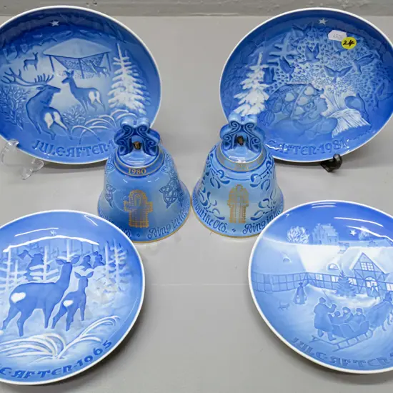 2 Bing & Grondahl Christmas bells H-130 and matching year plates - 1980 & 81 and 2 other Christmas plates - 1965 & 69