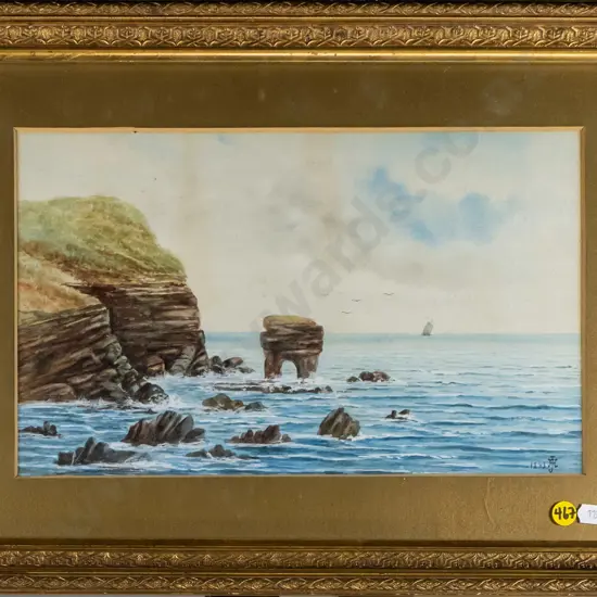 illegible signature 1893 - gilt framed watercolour - coastal scene H-195 W-320