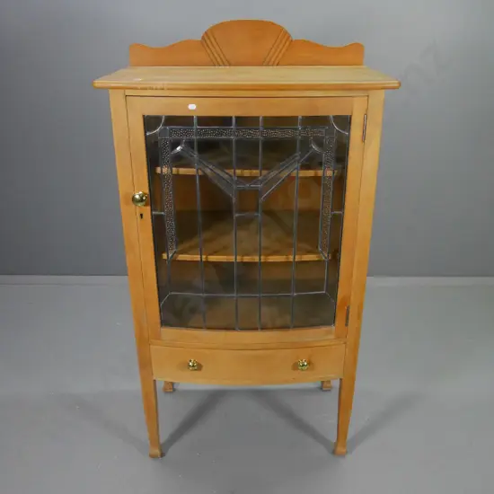 solid native timber deco bow front china cabinet w/ leadlight single door, 1 drawer, water stain on top H1360 W730 D460
